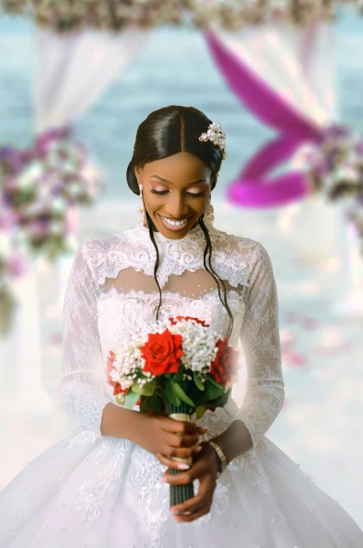 a woman in a wedding dress holding a bouquet