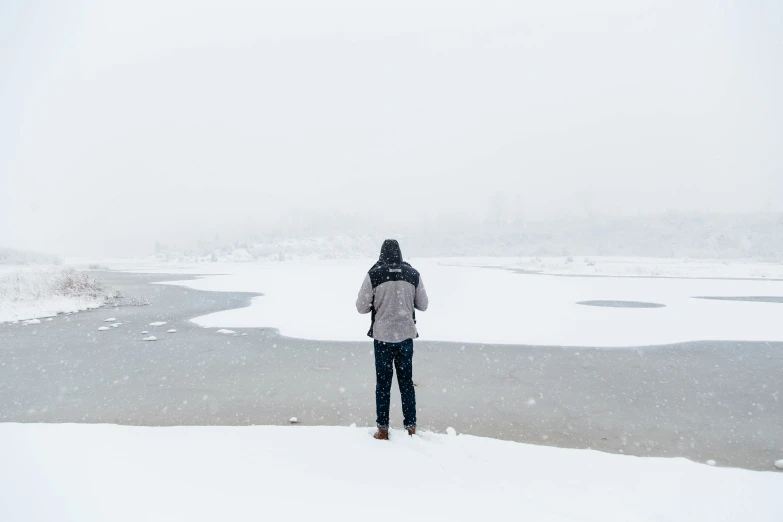 a person in a gray jacket is standing in the snow