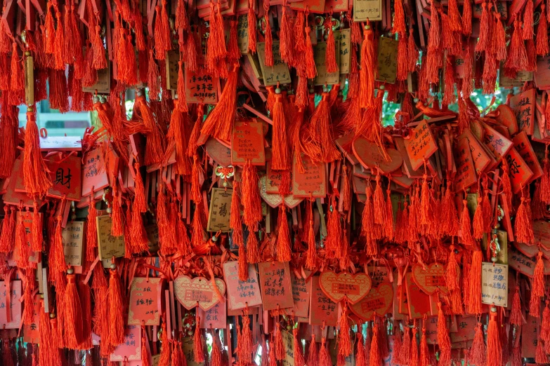 a display in a store with orange string hanging down