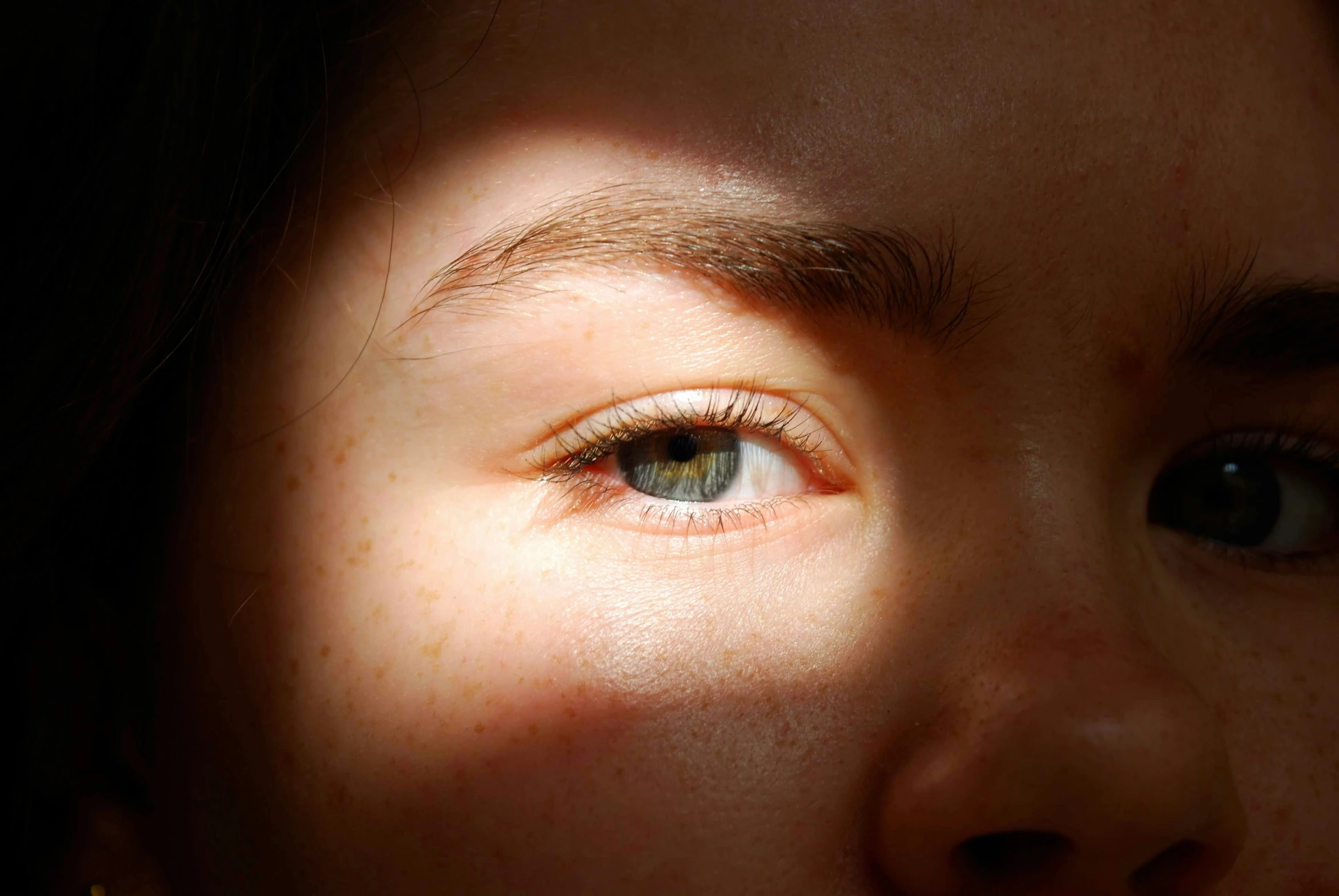 a woman is shown with a lot of brown hair and a green eye