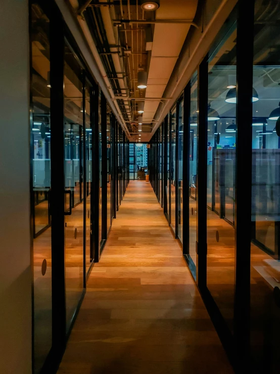 a long narrow corridor lined with glass doors