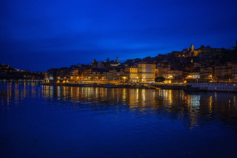 a lake with a city on a hill in the background