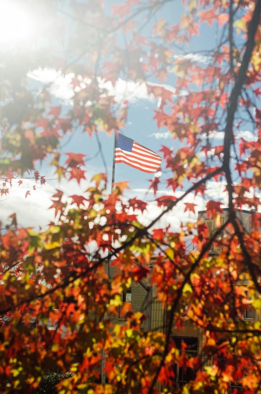 an american flag flying on top of a building