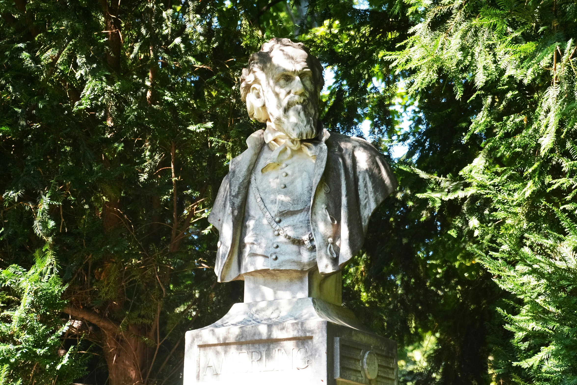 the statue of a man is surrounded by greenery