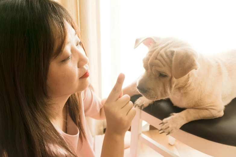 the girl is brushing her dog's nails with her hand