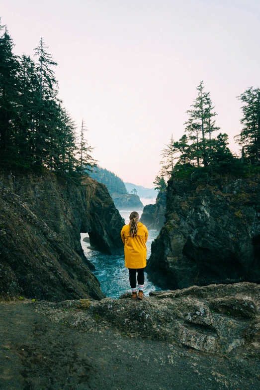 person standing on rock looking out over water