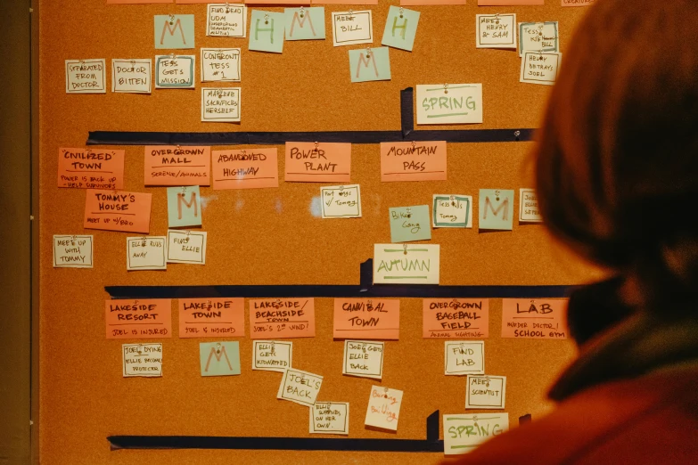 a person looks at some sticky notes that are attached to a bulletin board