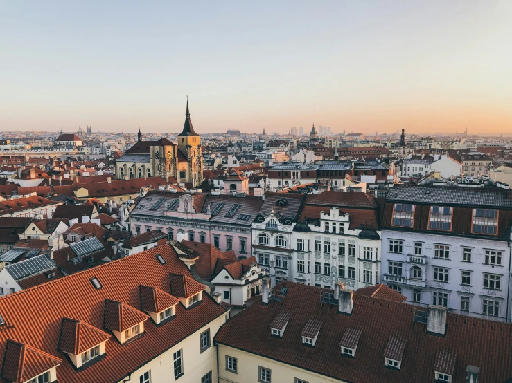 aerial view of old european city with old rooftops