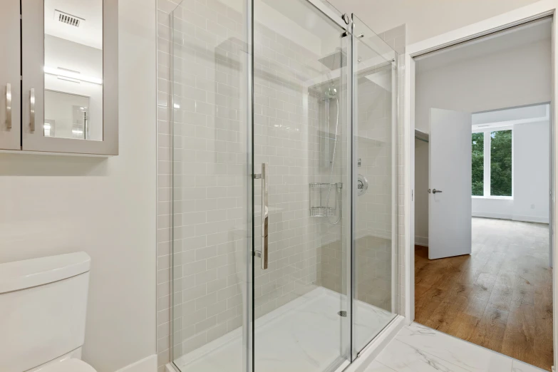 a bathroom with a shower, toilet and sink