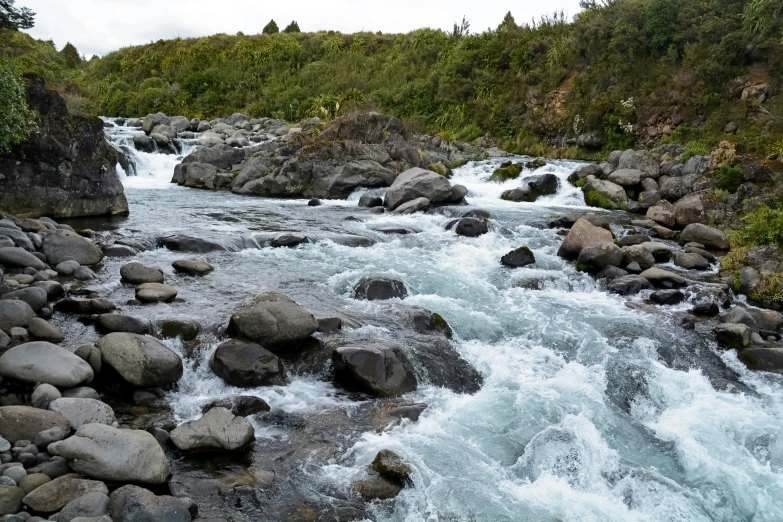 a stream running over rocks between a forest and mountain