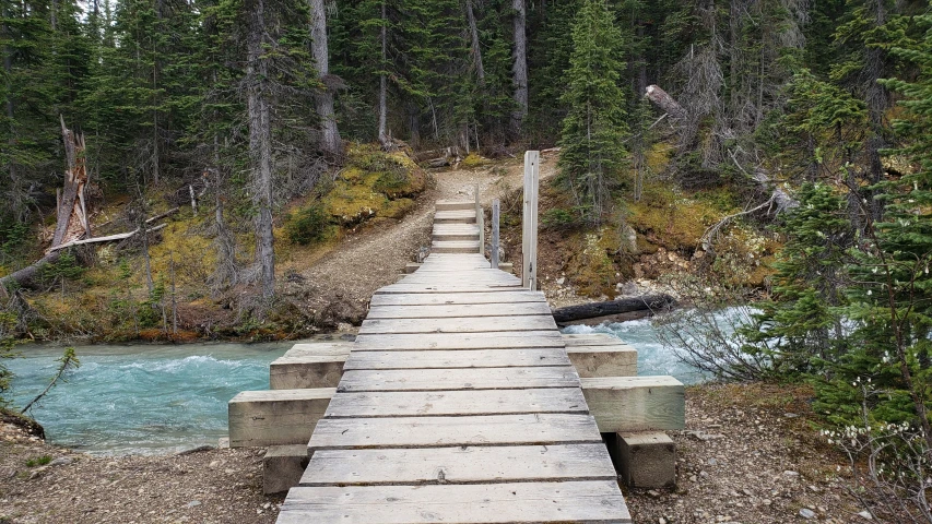 wooden path leading to mountain river in the wilderness