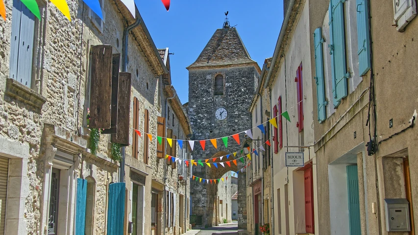 there is a city street with several buildings on it