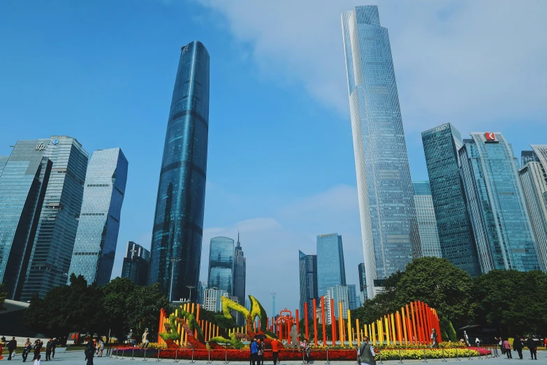 city buildings with a lot of colorful decorations in the foreground