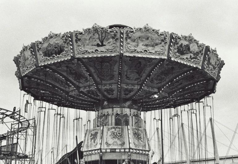 a carousel ride in a black and white po