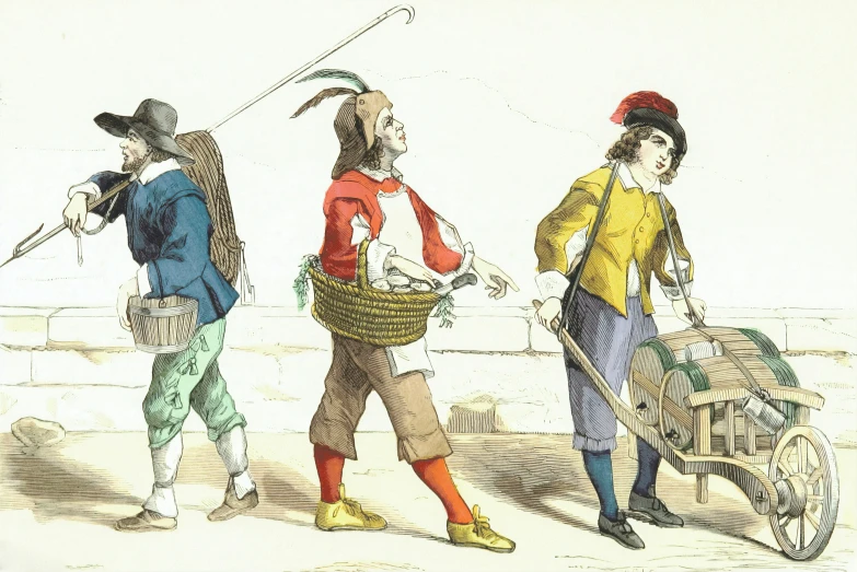 a group of men carrying baskets on a beach