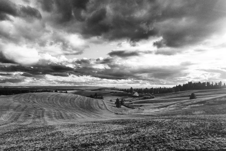 a cloudy sky over a wide field with trees