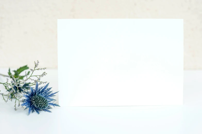 a close up of a card with flowers on a table