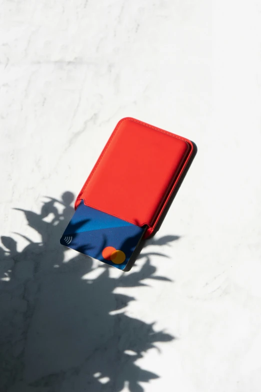 a red and blue luggage laying on snow