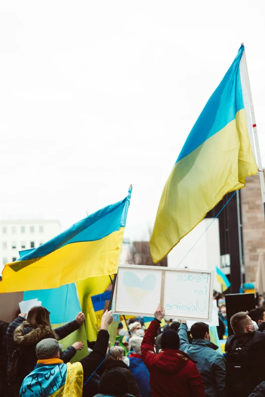 a group of people holding up flags with their hands