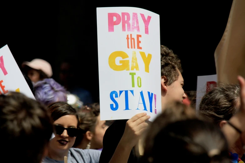 a crowd of people holding signs with saying pray the gay to stay