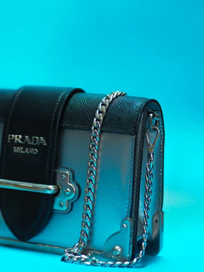 the  handle of the black and silver prada bag