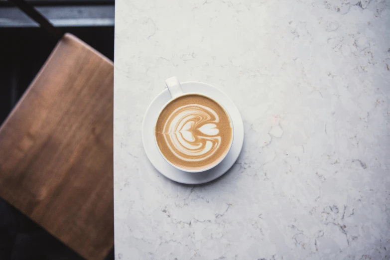 a cup of coffee sitting on top of a white saucer