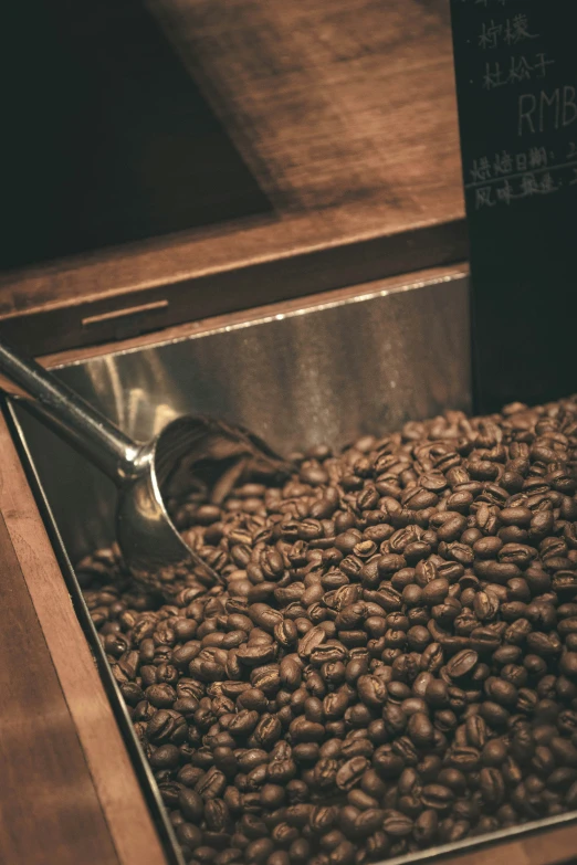 a scoop of coffee beans sits inside an espresso machine