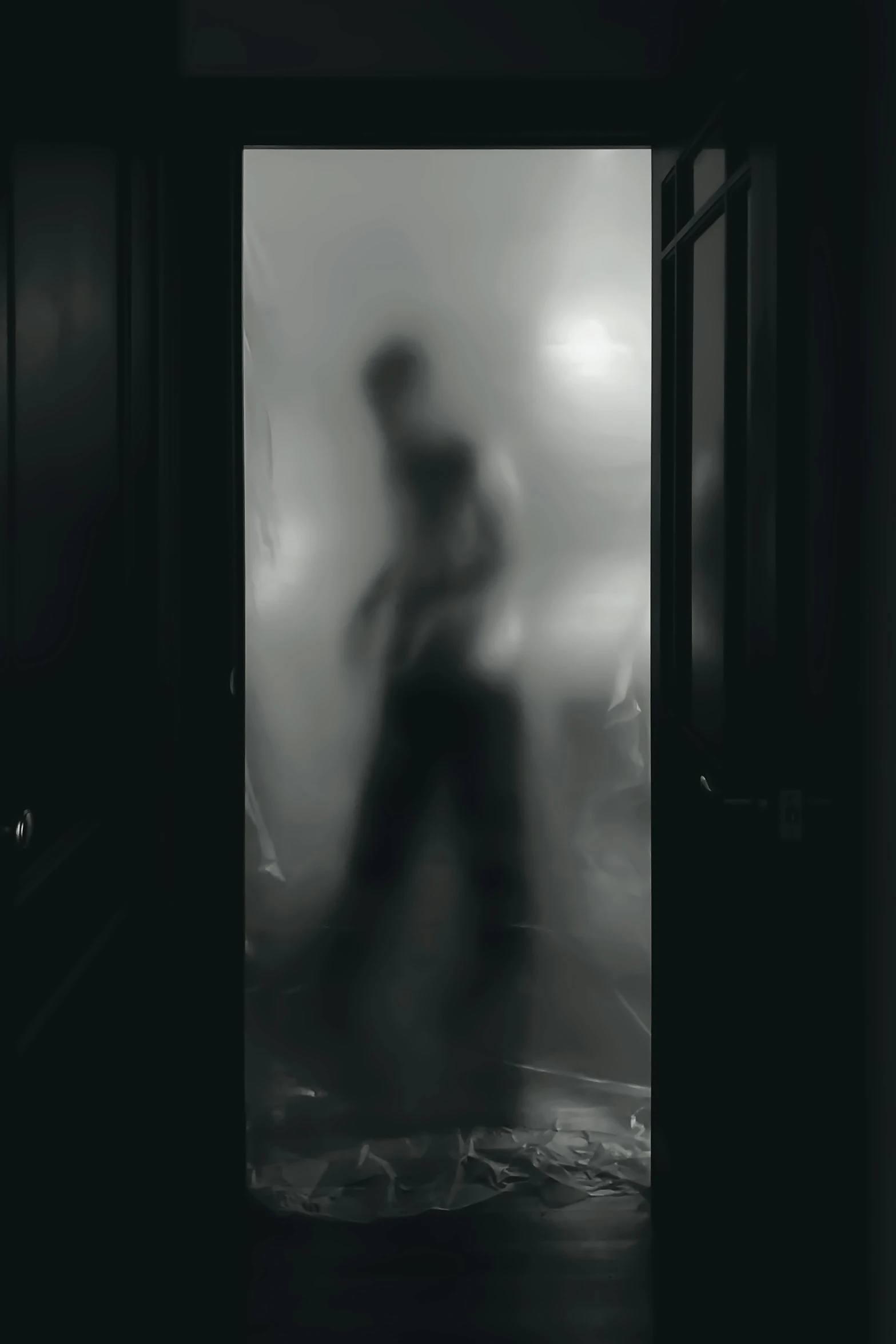 a blurry picture of a person walking out a doorway