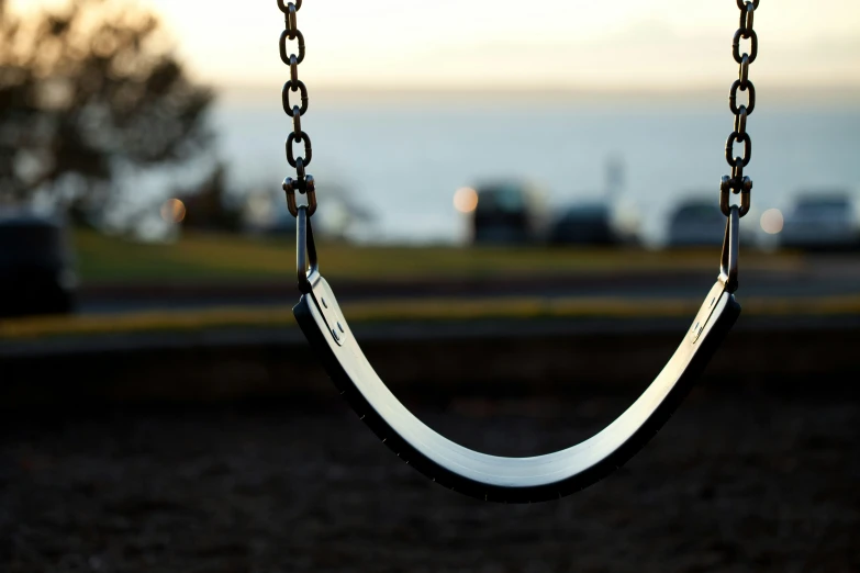 an empty swing in a park next to the ocean