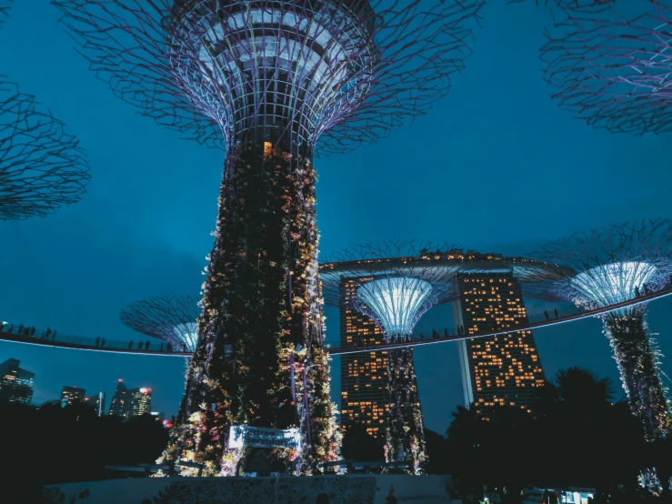 a tall tower with many lights on it