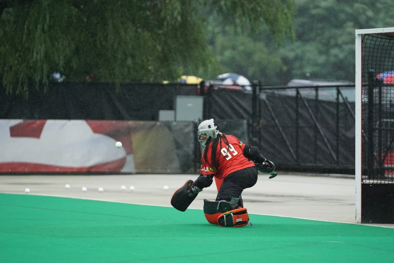 a goalie crouches down during a game