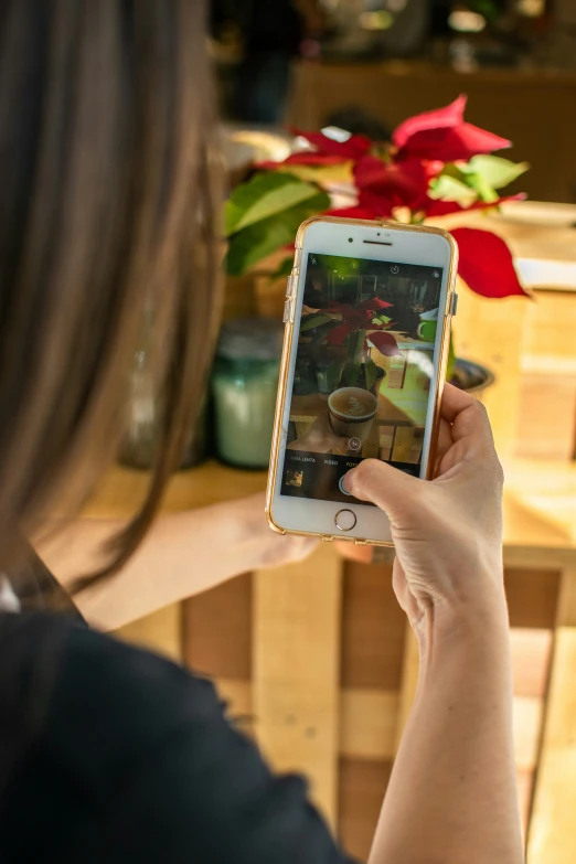 a woman looking at an iphone with pos