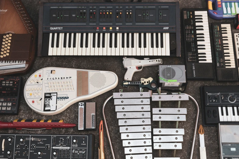 many instruments and wires laid out next to each other