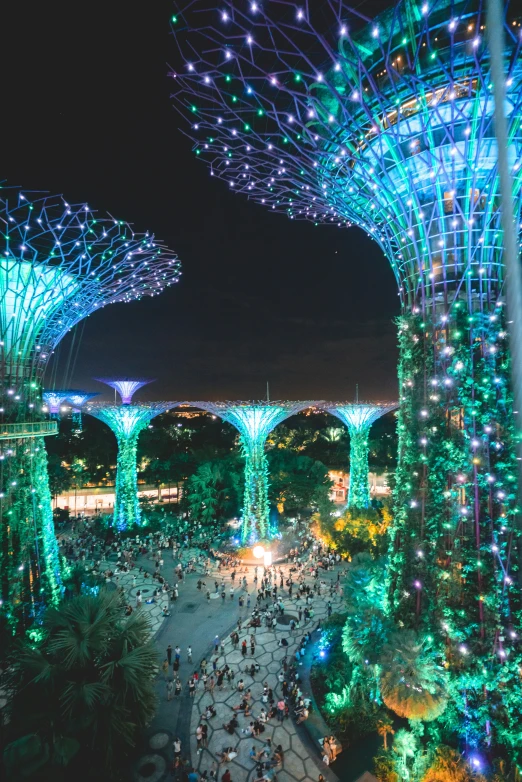 large and elaborate trees surrounded by lights at night