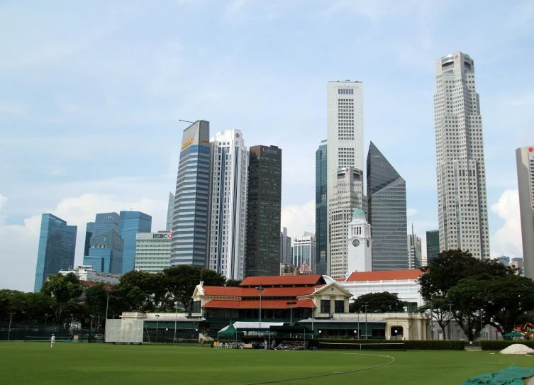 many tall buildings with a lush green field in front of them