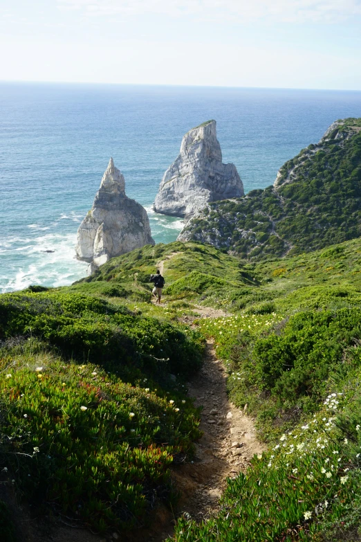 a man walking up a dirt trail on the ocean