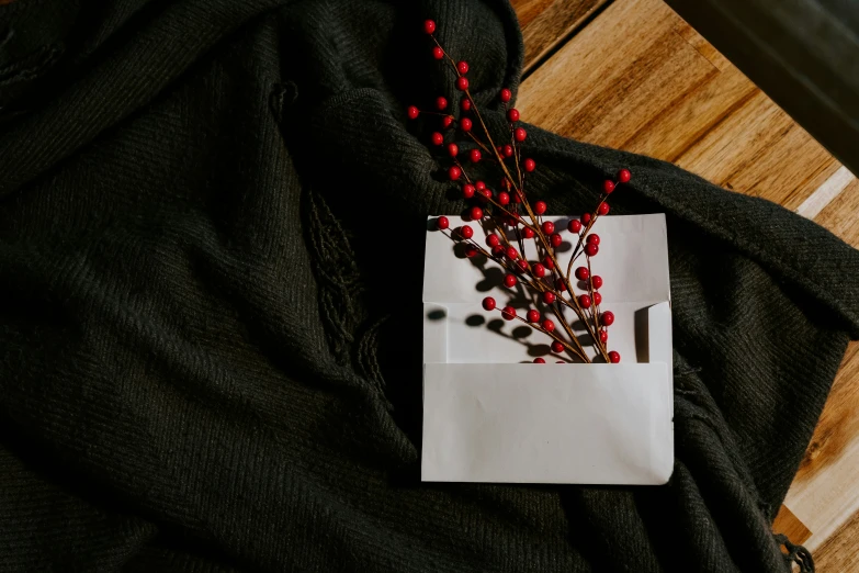 the white envelope is holding red berries