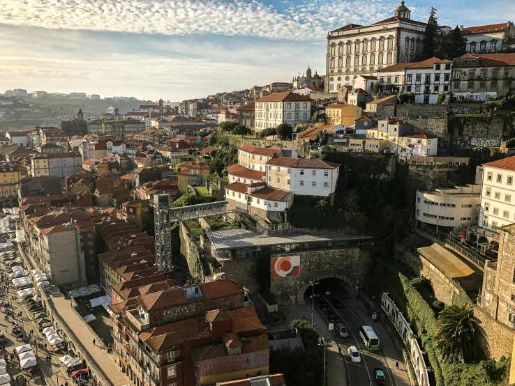 city in europe with old brick roofs and stone walls