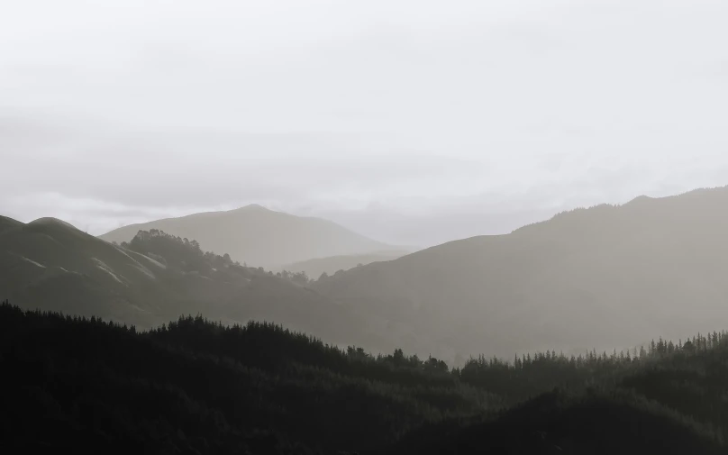 dark trees on the mountain side are silhouetted against grey sky