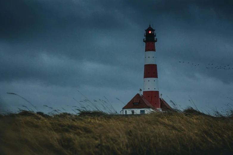 a lighthouse surrounded by tall grass against a cloudy sky