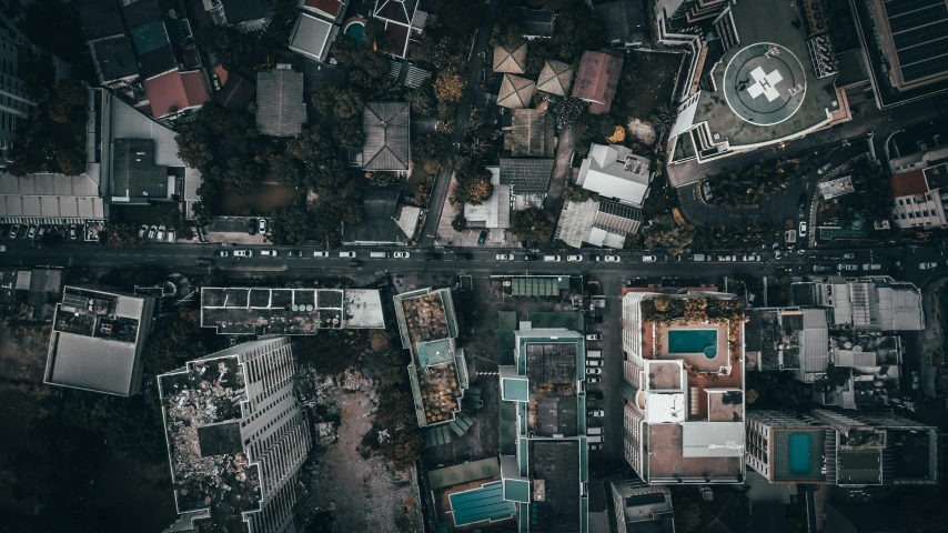 overhead view of city streets and buildings in asia