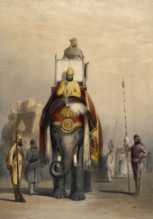 the elephant with a golden dress is being held by men