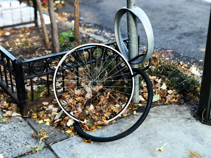 a bicycle wheel sitting up against a gate on the street