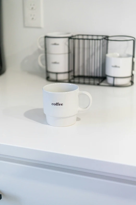 a mug sits on a counter top