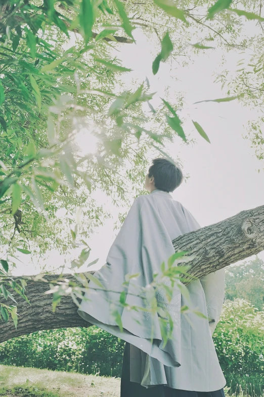 a young man holding a large nch by a tree