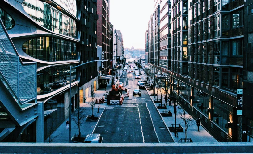 an aerial view of the streets in a big city