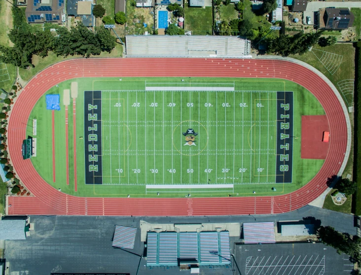 a view from a very high point of a football field and stadium