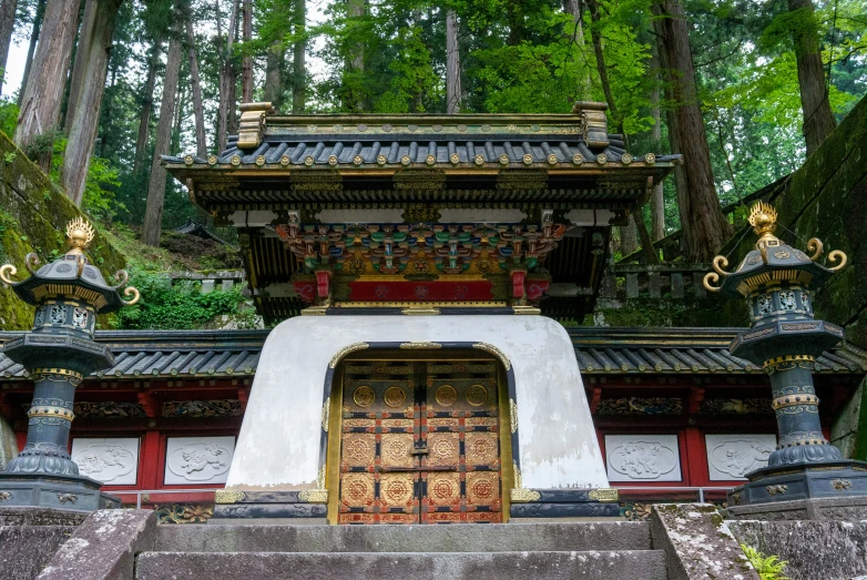 a po of some doors in a forest