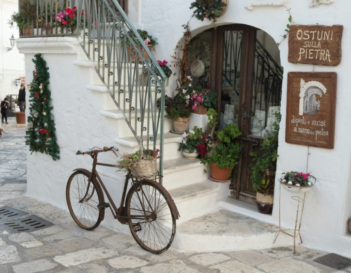 there is a bike that has a basket full of flowers in front of the store