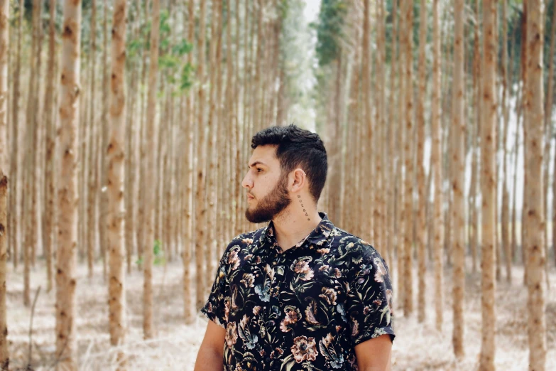 a man is standing in front of many trees